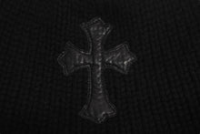 画像をギャラリービューアに読み込む, CHROME HEARTS クロムハーツ レザークロスパッチ クロスボール カシミヤビーニー ニット帽 レザー ブラック サイズOS 美品 中古 4b002356 