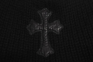 CHROME HEARTS クロムハーツ レザークロスパッチ クロスボール カシミヤビーニー ニット帽 レザー ブラック サイズOS 美品 中古 4b002356 