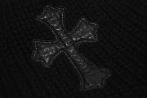 CHROME HEARTS クロムハーツ レザークロスパッチ クロスボール カシミヤビーニー ニット帽 レザー ブラック サイズOS 美品 中古 4b002356 