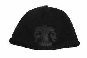 CHROME HEARTS クロムハーツ BSフレア レザーパッチビーカシミヤ ニットキャップ ニーフレアボール ブラック サイズOS 美品 中古 4b002358 