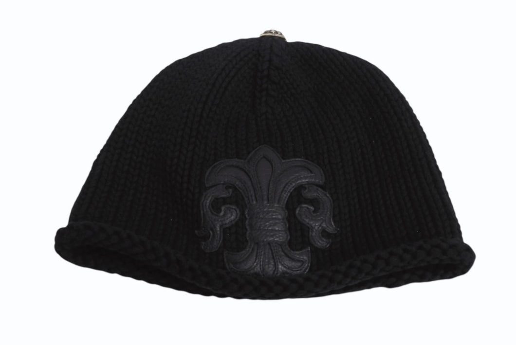 CHROME HEARTS クロムハーツ BSフレア レザーパッチビーカシミヤ ニットキャップ ニーフレアボール ブラック サイズOS 美品 中古 4b002358 