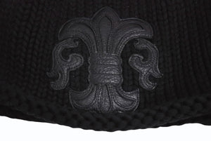 CHROME HEARTS クロムハーツ BSフレア レザーパッチビーカシミヤ ニットキャップ ニーフレアボール ブラック サイズOS 美品 中古 4b002358 