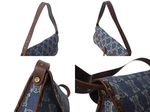 CELINE セリーヌ ワンショルダーバッグ マカダム柄 CE00/14 キャンバス レザー ブルー ブラウン アンティークゴールド金具 美品 中古 4b002560
