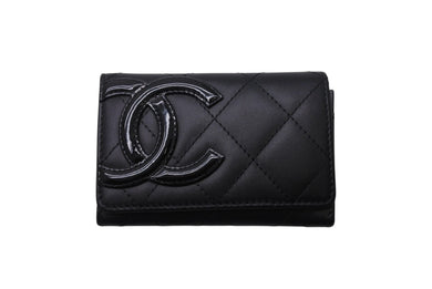 極美品 CHANEL シャネル カードケース カンボンライン 17番台 ココマーク レザー エナメル ブラック ピンク 中古 4b002571