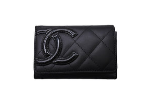 極美品 CHANEL シャネル カードケース カンボンライン 17番台 ココマーク レザー エナメル ブラック ピンク 中古 4b002571