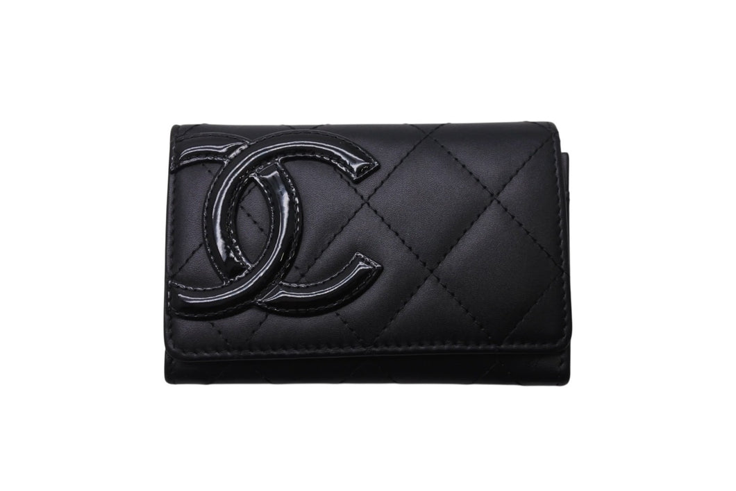 極美品 CHANEL シャネル カードケース カンボンライン 17番台 ココマーク レザー エナメル ブラック ピンク 中古 4b002571