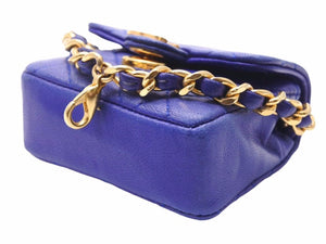 CHANEL シャネル ヴィンテージ ミニミニマトラッセ ポーチ ラムスキン ブルー ゴールド金具 中古 52443
