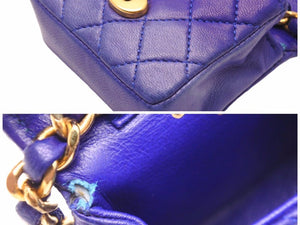 CHANEL シャネル ヴィンテージ ミニミニマトラッセ ポーチ ラムスキン ブルー ゴールド金具 中古 52443