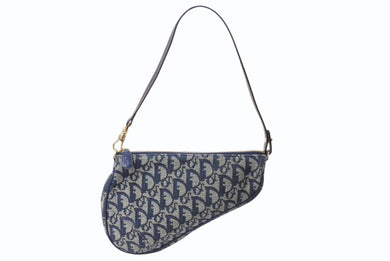 CHRISTIAN DIOR クリスチャンディオール サドルポーチ ワンショルダーバッグ MC1021 ネイビー キャンバス レザー ゴールド金具 美品 4b002688