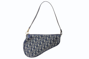 CHRISTIAN DIOR クリスチャンディオール サドルポーチ ワンショルダーバッグ MC1021 ネイビー キャンバス レザー ゴールド金具 美品 4b002688