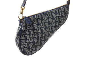 CHRISTIAN DIOR クリスチャンディオール サドルポーチ ワンショルダーバッグ MC1021 ネイビー キャンバス レザー ゴールド金具 美品 4b002688