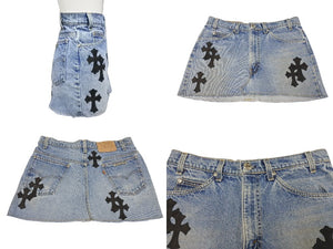 未使用 CHROME HEARTS × Levi's クロムハーツ リーバイス クロスパッチ デニムスカート インディゴブルー ブラック サイズ26 中古 4b003354 