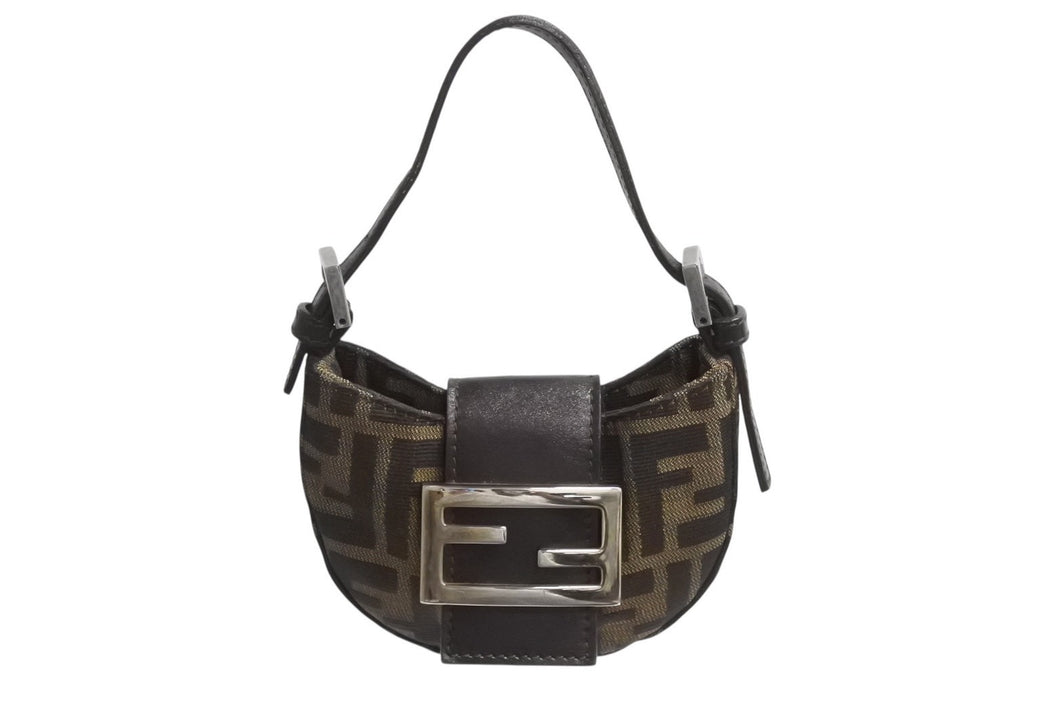 FENDI フェンディ マンマバケット ミニクロワッサン ハンドバッグ 26673 キャンバス レザー ブラウン ズッカ柄 美品 中古 4b003398