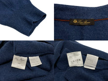 Load image into Gallery viewer, Loro Piana ロロピアーナ 長袖ニット セーター マオカラー ハーフボタン カシミヤ ラムスウェードレザー ブルー 52 美品 中古 37415