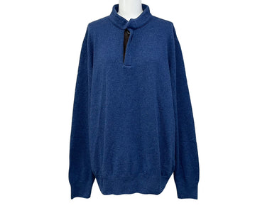 Loro Piana ロロピアーナ 長袖ニット セーター マオカラー ハーフボタン カシミヤ ラムスウェードレザー ブルー 52 美品 中古 37415