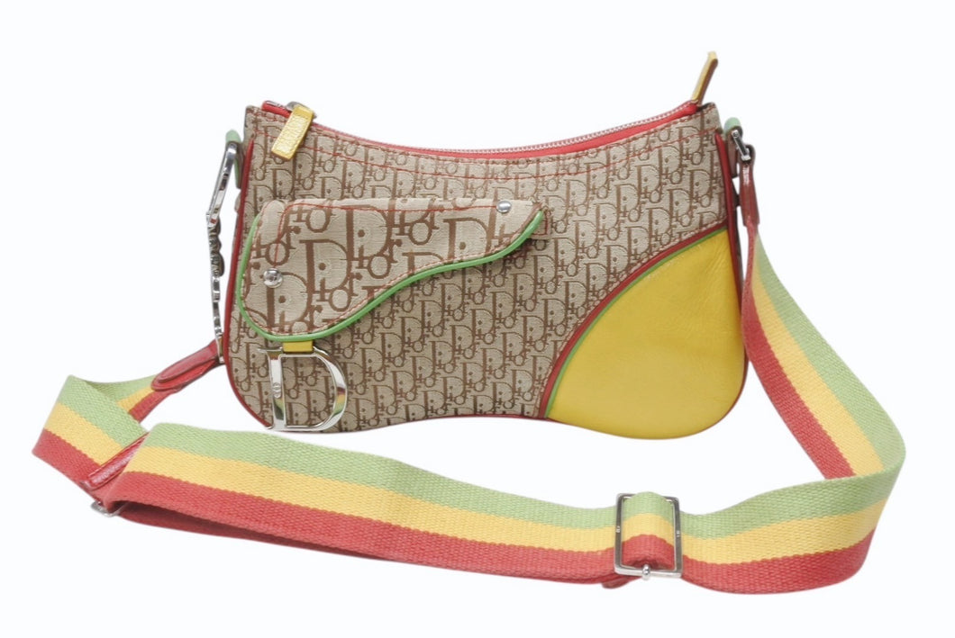 極美品 Christian Dior クリスチャンディオール ショルダーバッグ トロッター ラスタカラー レザー キャンバス シルバー金具 中古 4b004833