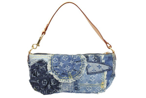 新品同様 LOUIS VUITTON ルイ ヴィトン パウチィ M95382 モノグラムデニムパッチワーク ブルー ハンドバッグ ポーチ 43048