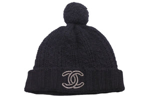 CHANEL シャネル ニット帽 ニットキャップ 帽子 ポンポン ココマーク ロゴ カシミヤ ブラック シルバー金具 良品 中古 45867