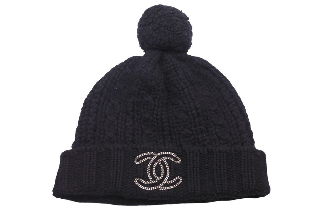CHANEL シャネル ニット帽 ニットキャップ 帽子 ポンポン ココマーク ロゴ カシミヤ ブラック シルバー金具 良品 中古 45867