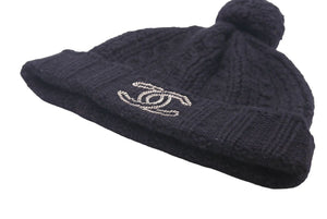CHANEL シャネル ニット帽 ニットキャップ 帽子 ポンポン ココマーク ロゴ カシミヤ ブラック シルバー金具 良品 中古 45867
