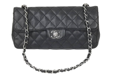 極美品 CHANEL シャネル イーストウエスト チョコバー チェーン ショルダーバッグ キャビアスキン 黒×シルバー レディース 中古 46843