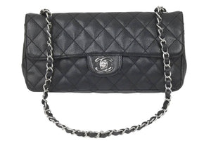 極美品 CHANEL シャネル イーストウエスト チョコバー チェーン ショルダーバッグ キャビアスキン 黒×シルバー レディース 中古 46843