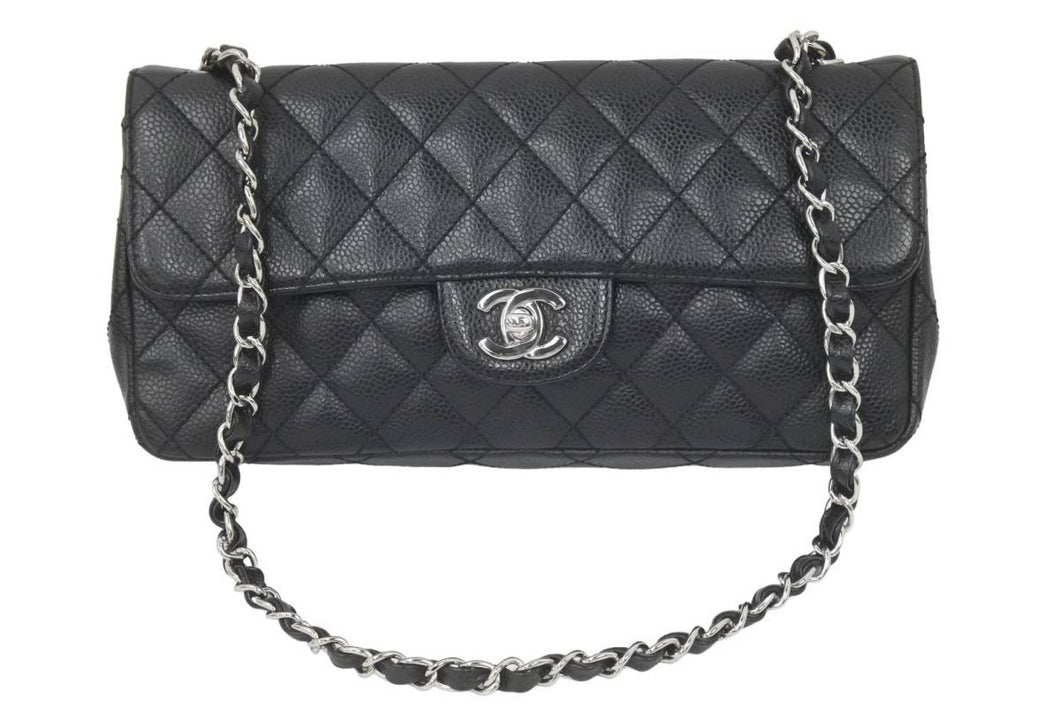 極美品 CHANEL シャネル イーストウエスト チョコバー チェーン ショルダーバッグ キャビアスキン 黒×シルバー レディース 中古 46843