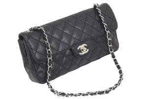 極美品 CHANEL シャネル イーストウエスト チョコバー チェーン ショルダーバッグ キャビアスキン 黒×シルバー レディース 中古 46843