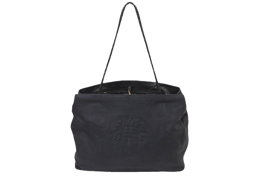 VERSACE ヴェルサーチ トートバッグ メデューサ ハンドル編み込み ブラック ゴールド金具 ユニセックス 良品 中古 47770 
