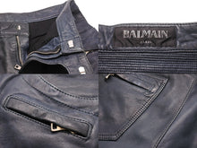 Load image into Gallery viewer, BALMAIN バルマン バイカーパンツ サイズ50 コットン レザー ネイビー シルバー金具 メンズ 美品 中古 49495