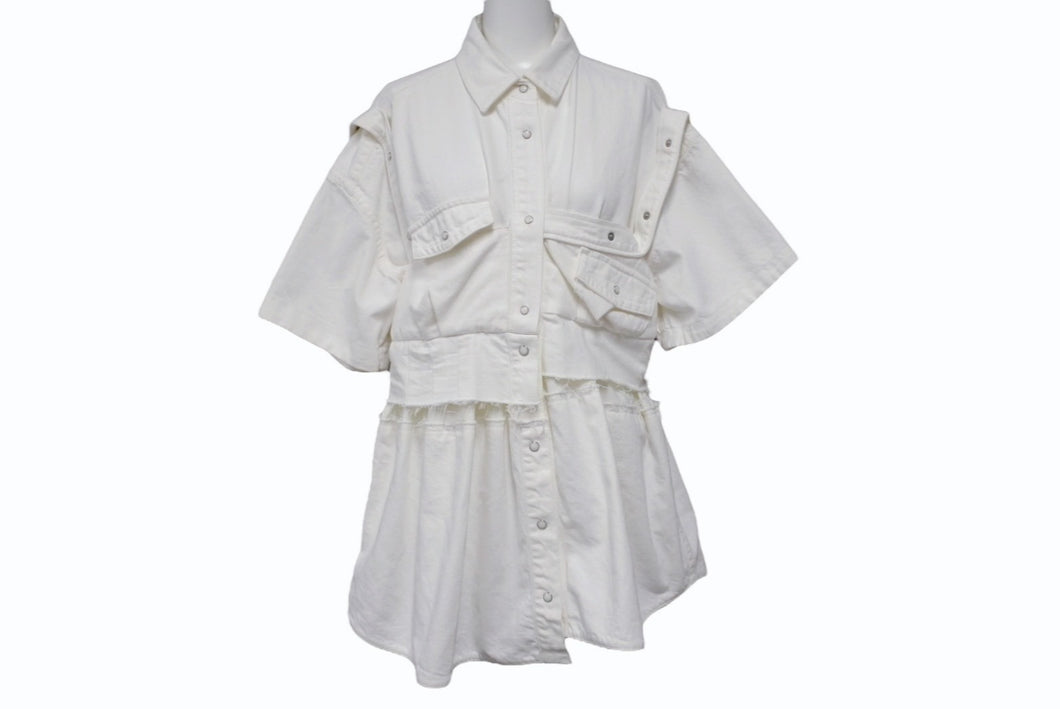Sacai サカイ ワンピース半袖シャツ ドレス ボタン コットン ホワイト シルバー金具 美品 中古 4b004526 
