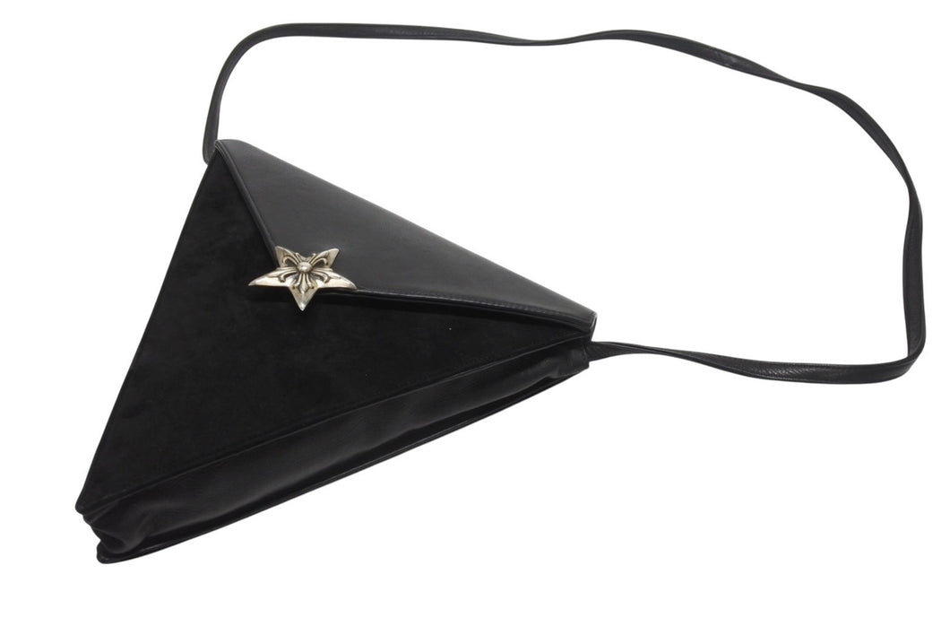 極美品 CHROME HEARTS クロムハーツ 5PT ラージスター トライアングル ショルダーバッグ ブラック ベロア レザー シルバー925 中古 4b006283