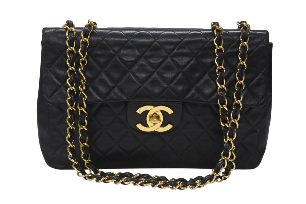 CHANEL シャネル デカマトラッセ Sフラップ Wチェーンショルダーバッグ 3番台 ココマーク ラムスキン ブラック ゴールド金具 良品 中古 4b006535