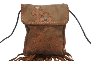 極美品 CHROME HEARTS クロムハーツ スクエア クロスポシェット フリンジ ショルダーバッグ セメタリー クロスパッチ ブラウン 中古 4b006276