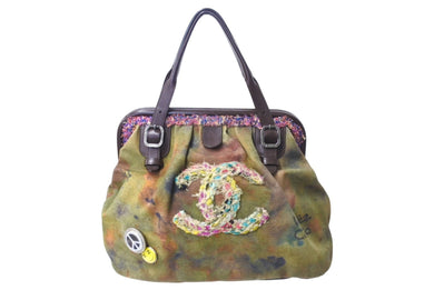 極美品 CHANEL シャネル エンブロイダリー ハンドバッグ A92791 21番台 ココマーク グラフィティ がま口 カーキ 中古 4c071184