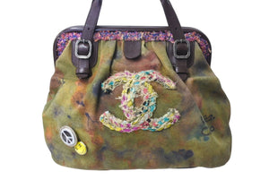 極美品 CHANEL シャネル エンブロイダリー ハンドバッグ A92791 21番台 ココマーク グラフィティ がま口 カーキ 中古 4c071184
