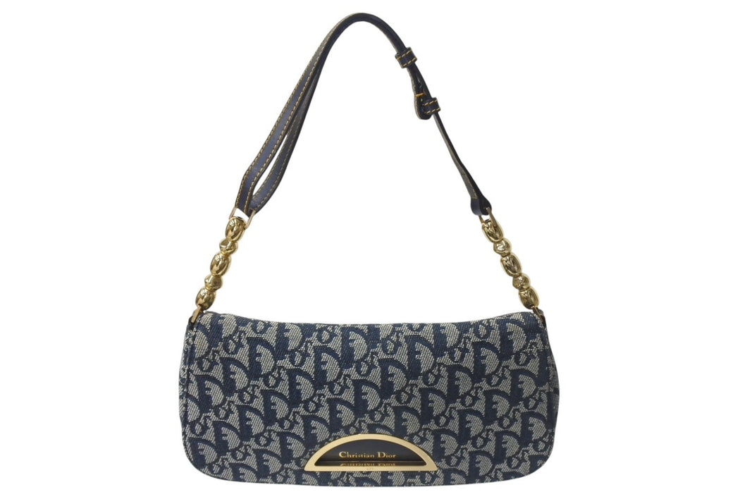 Christian Dior クリスチャンディオール マリスパール ワンショルダーバッグ トロッター ネイビー キャンバス レザー 美品 中古 4b000012