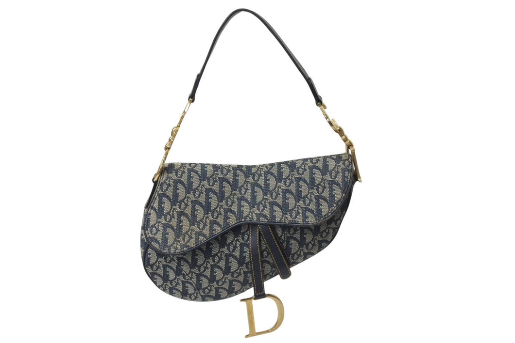 Christian Dior クリスチャンディオール サドルバッグ ワンショルダーバッグ トロッター ネイビー ガリアーノ期 良品 中古 4b000025