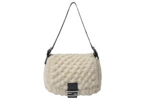 FENDI フェンディ ニットマンマバケット ワンショルダーバッグ ウール レザー ホワイト ブラック シルバー金具 美品 中古 4b000027