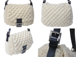 FENDI フェンディ ニットマンマバケット ワンショルダーバッグ ウール レザー ホワイト ブラック シルバー金具 美品 中古 4b000027