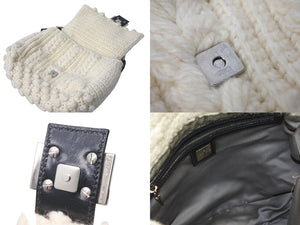 FENDI フェンディ ニットマンマバケット ワンショルダーバッグ ウール レザー ホワイト ブラック シルバー金具 美品 中古 4b000027
