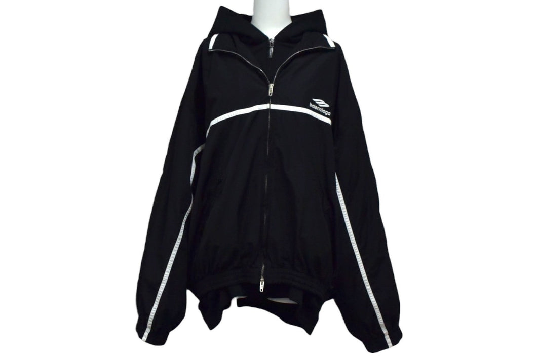 BALENCIAGA バレンシアガ ブルゾン フードレイヤード ジャケット 773043 コットン ナイロン ブラック ホワイト サイズL 美品 中古 4b000048