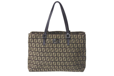 新品同様 FENDI フェンディ ズッキーノ柄 ハンドバッグ 221158 キャンバス レザー ブラウン ブラックメタル金具 中古 4b000131