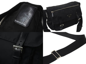 PRADA プラダ VERA トライアングルロゴ ショルダーバッグ メッセンジャーバッグ ナイロン レザー ブラック シルバー金具 美品 中古 4b000132
