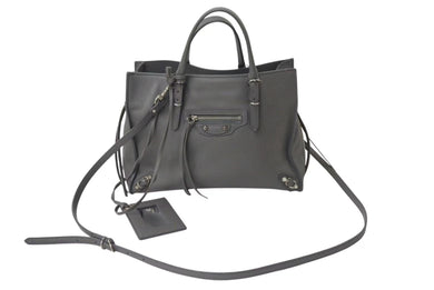 BALENCIAGA バレンシアガ ミニ ペーパー 2WAY ハンドバッグ グレー レザー 370926 ショルダー シルバー金具 美品 中古 4b000139