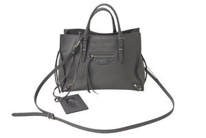BALENCIAGA バレンシアガ ミニ ペーパー 2WAY ハンドバッグ グレー レザー 370926 ショルダー シルバー金具 美品 中古 4b000139