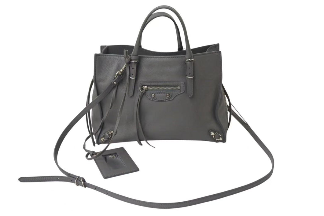BALENCIAGA バレンシアガ ミニ ペーパー 2WAY ハンドバッグ グレー レザー 370926 ショルダー シルバー金具 美品 中古 4b000139