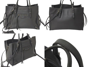 BALENCIAGA バレンシアガ ミニ ペーパー 2WAY ハンドバッグ グレー レザー 370926 ショルダー シルバー金具 美品 中古 4b000139
