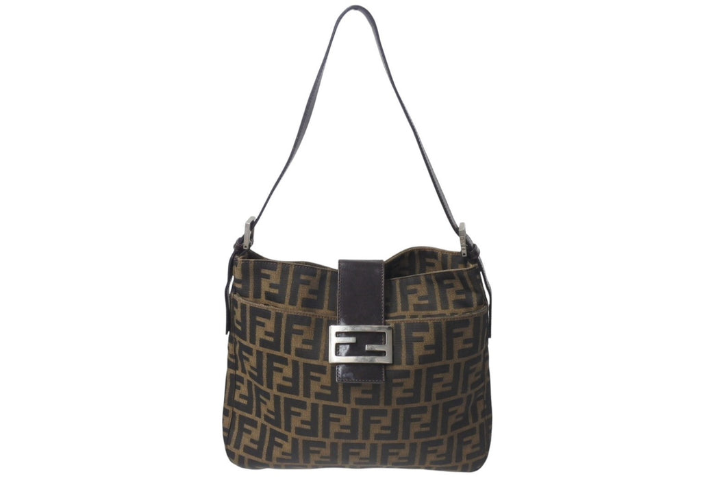 FENDI フェンディ ズッカ柄 マンマバケット ワンショルダーバッグ ブラウン キャンバス レザー シルバー金具 ロゴ 鞄 美品 中古 4b000146