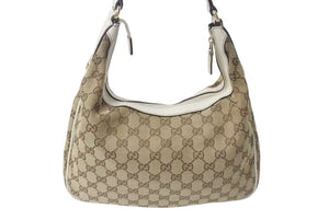 GUCCI グッチ ワンショルダーバッグ GGキャンバス レザー 153010 492715 ベージュ ホワイト ゴールド金具 美品 中古 4b000154